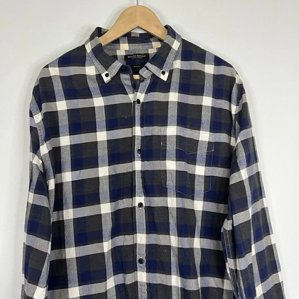 Banana Republic Blue White Plaid Classic Luxe Flannel 2XL